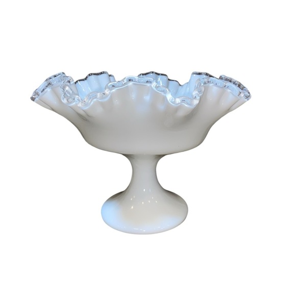 Vintage Fenton Silver Crest Milk Glass Compote Pedestal Candy Dish Ruffled Bowl - Picture 1 of 5